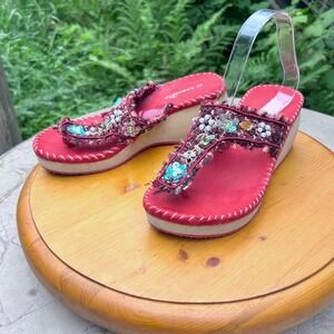 Vintage Wedge Sandals Womens Size 6 Pink Sequin Flower Beaded Laguna Beach